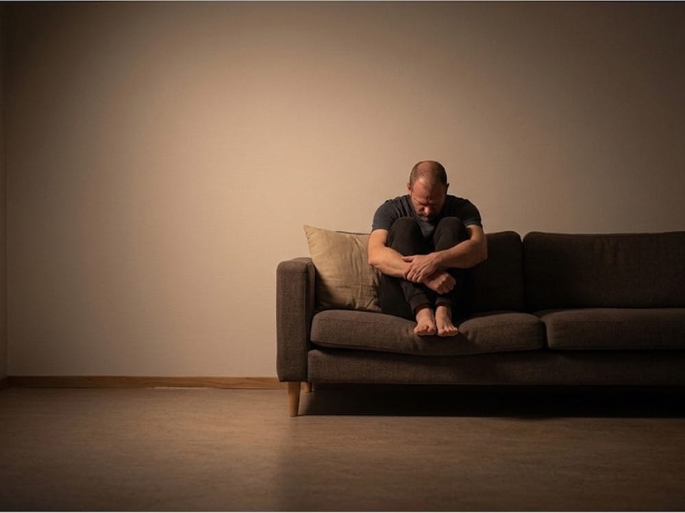 Man die met gebogen hoofd en opgetrokken knieën alleen op een bank zit
